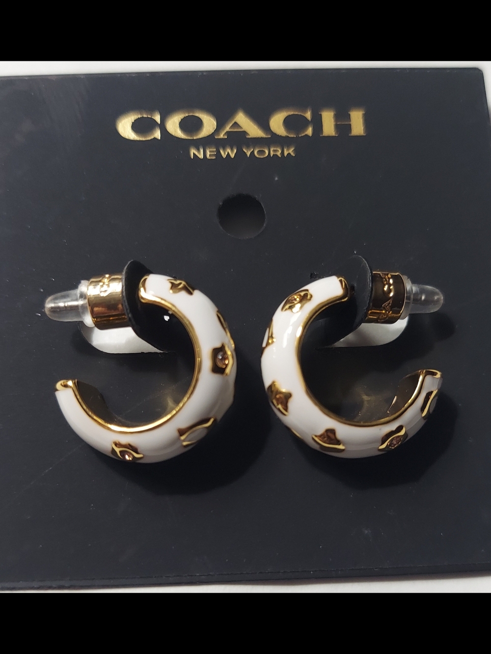 COACH White and Gold Enamel Huggie Hoop Earrings - Picture 1 of 3